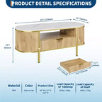 Table basse rainurée moderne, table basse ovale de 48 pouces avec tiroirs, plateau en imitation marbre, garniture métallique, table centrale en chêne naturel pour salon