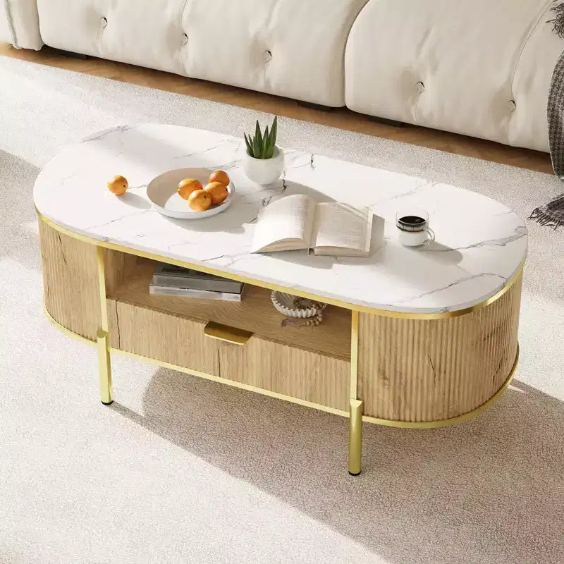 Modern Grooved Coffee Table, 48 Inch Oval Coffee Table with Drawers, Imitation Marble Tabletop, Metal Trim, Natural Oak Center Table for Living Room