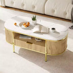 Table basse rainurée moderne, table basse ovale de 48 pouces avec tiroirs, plateau en imitation marbre, garniture métallique, table centrale en chêne naturel pour salon