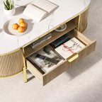 Table basse rainurée moderne, table basse ovale de 48 pouces avec tiroirs, plateau en imitation marbre, garniture métallique, table centrale en chêne naturel pour salon