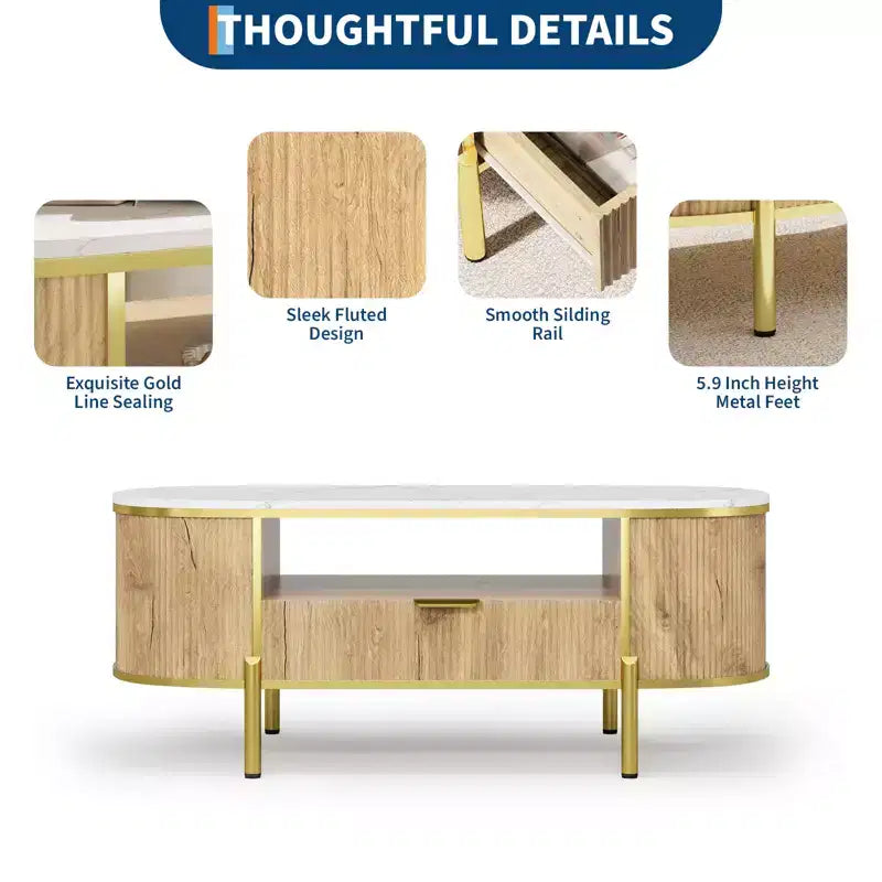 Modern Grooved Coffee Table, 48 Inch Oval Coffee Table with Drawers, Imitation Marble Tabletop, Metal Trim, Natural Oak Center Table for Living Room