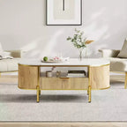 Table basse rainurée moderne, table basse ovale de 48 pouces avec tiroirs, plateau en imitation marbre, garniture métallique, table centrale en chêne naturel pour salon