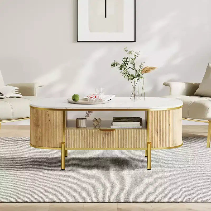 Modern Grooved Coffee Table, 48 Inch Oval Coffee Table with Drawers, Imitation Marble Tabletop, Metal Trim, Natural Oak Center Table for Living Room