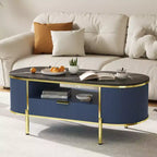 Table basse rainurée moderne, table basse ovale de 48 pouces avec tiroirs, plateau en imitation marbre, garniture métallique, table centrale en chêne naturel pour salon