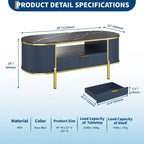 Table basse rainurée moderne, table basse ovale de 48 pouces avec tiroirs, plateau en imitation marbre, garniture métallique, table centrale en chêne naturel pour salon