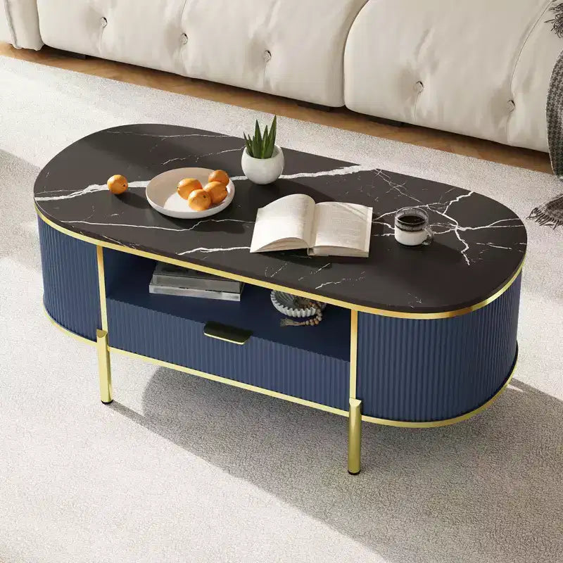 Modern Grooved Coffee Table, 48 Inch Oval Coffee Table with Drawers, Imitation Marble Tabletop, Metal Trim, Natural Oak Center Table for Living Room