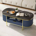 Table basse rainurée moderne, table basse ovale de 48 pouces avec tiroirs, plateau en imitation marbre, garniture métallique, table centrale en chêne naturel pour salon