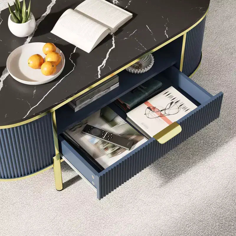 Modern Grooved Coffee Table, 48 Inch Oval Coffee Table with Drawers, Imitation Marble Tabletop, Metal Trim, Natural Oak Center Table for Living Room