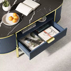 Table basse rainurée moderne, table basse ovale de 48 pouces avec tiroirs, plateau en imitation marbre, garniture métallique, table centrale en chêne naturel pour salon