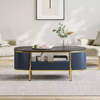 Table basse rainurée moderne, table basse ovale de 48 pouces avec tiroirs, plateau en imitation marbre, garniture métallique, table centrale en chêne naturel pour salon