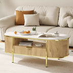 Table basse rainurée moderne, table basse ovale de 48 pouces avec tiroirs, plateau en imitation marbre, garniture métallique, table centrale en chêne naturel pour salon