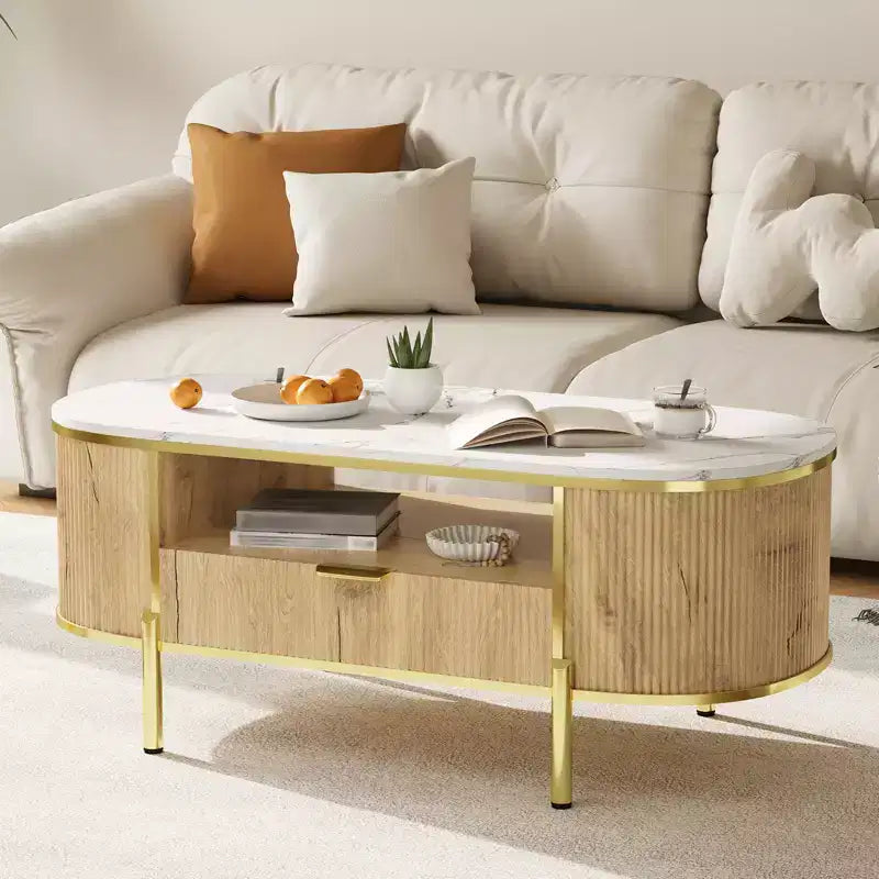 Modern Grooved Coffee Table, 48 Inch Oval Coffee Table with Drawers, Imitation Marble Tabletop, Metal Trim, Natural Oak Center Table for Living Room