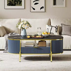 Modern Grooved Coffee Table, 48 Inch Oval Coffee Table with Drawers, Imitation Marble Tabletop, Metal Trim, Natural Oak Center Table for Living Room