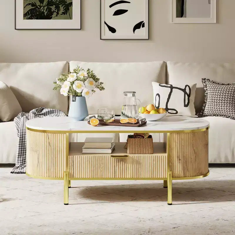 Modern Grooved Coffee Table, 48 Inch Oval Coffee Table with Drawers, Imitation Marble Tabletop, Metal Trim, Natural Oak Center Table for Living Room