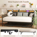 Lit de repos double avec lit gigogne escamotable, Cadre de lit double en métal robuste, Tête de lit rembourrée avec lumières LED, pour salon, chambre à coucher, chambre d'amis, Noir