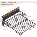 Lit de repos double avec lit gigogne escamotable, Cadre de lit double en métal robuste, Tête de lit rembourrée avec lumières LED, pour salon, chambre à coucher, chambre d'amis, Noir