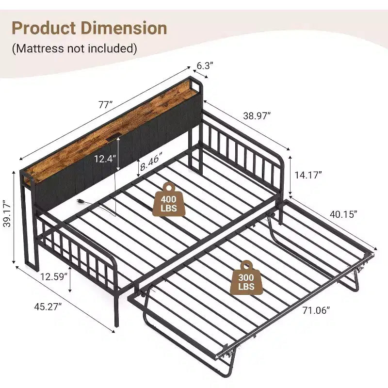 Twin Daybed with Pop Up Trundle,Heavy Duty Metal Twin Bed FrameLED Lights Upholstered Headboard,for Living Room Bedroom Guest Room,Black