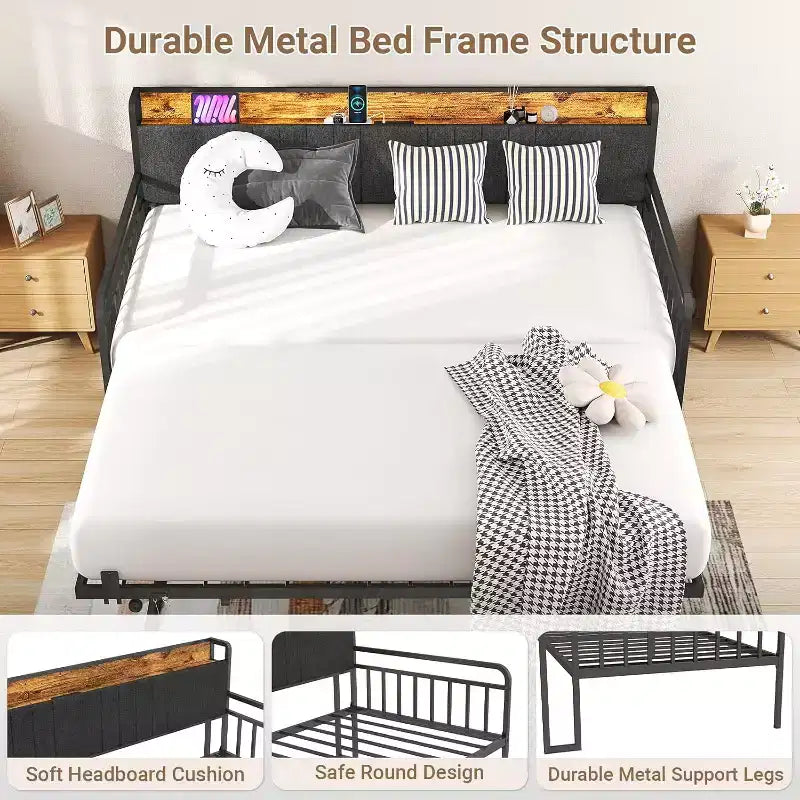 Twin Daybed with Pop Up Trundle,Heavy Duty Metal Twin Bed FrameLED Lights Upholstered Headboard,for Living Room Bedroom Guest Room,Black