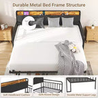 Lit de repos double avec lit gigogne escamotable, Cadre de lit double en métal robuste, Tête de lit rembourrée avec lumières LED, pour salon, chambre à coucher, chambre d'amis, Noir