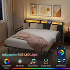 Lit de repos double avec lit gigogne escamotable, Cadre de lit double en métal robuste, Tête de lit rembourrée avec lumières LED, pour salon, chambre à coucher, chambre d'amis, Noir