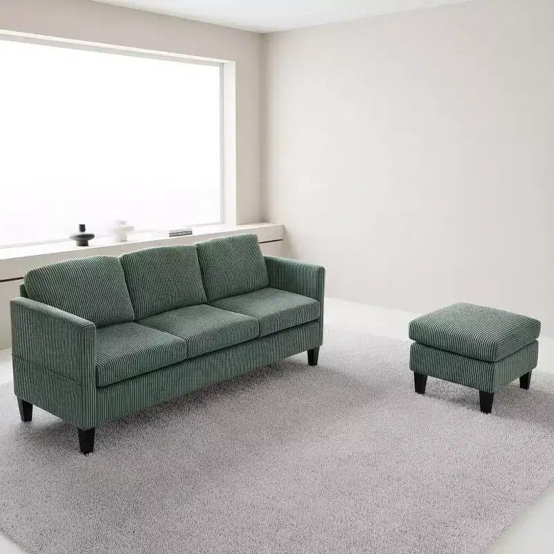 Four-seat L-shaped velvet sofa with chaise lounge and upholstered corduroy multi-functional modern sofa, suitable for apartment living rooms, olive green.