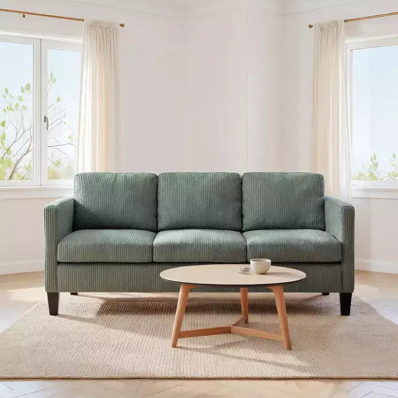 Four-seat L-shaped velvet sofa with chaise lounge and upholstered corduroy multi-functional modern sofa, suitable for apartment living rooms, olive green.