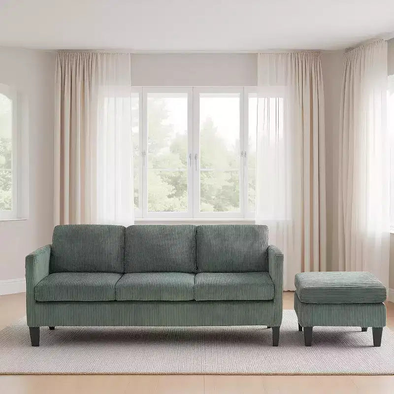 Four-seat L-shaped velvet sofa with chaise lounge and upholstered corduroy multi-functional modern sofa, suitable for apartment living rooms, olive green.