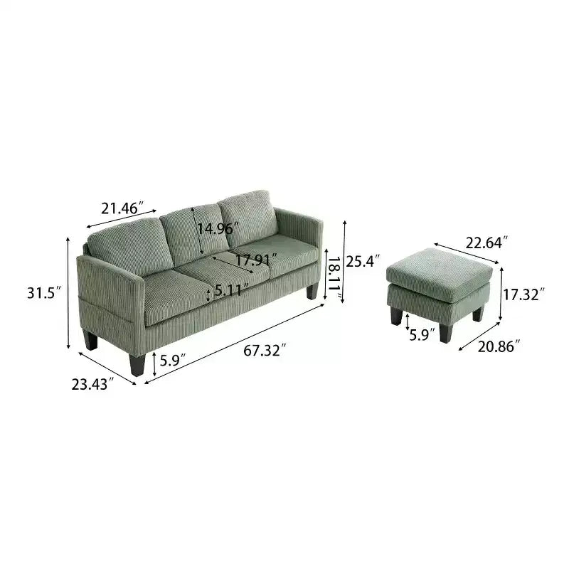 Four-seat L-shaped velvet sofa with chaise lounge and upholstered corduroy multi-functional modern sofa, suitable for apartment living rooms, olive green.