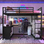 Lit mezzanine en métal avec armoire et bureau en L, lit mezzanine double avec cubes de rangement et étagères, lit mezzanine pour enfants, adolescents et adultes, noir