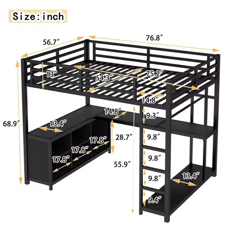 Metal Loft Bed with Wardrobe and L-shaped Desk, Full Size Loft Bed with Storage Cubes and Shelves, Loft Bed for Kids Teens Adults, Black