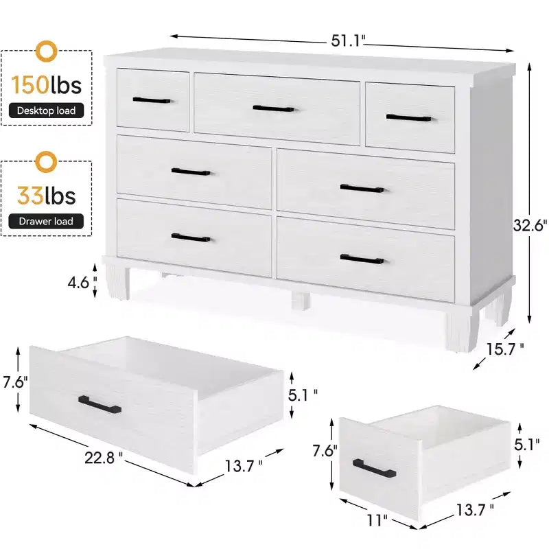 Drawer Dresser, Modern Wooden Bedroom Chest of Drawers With Storage Drawers, Farmhouse Style TV Stand for Living Room, Bedroom, Hallway, White
