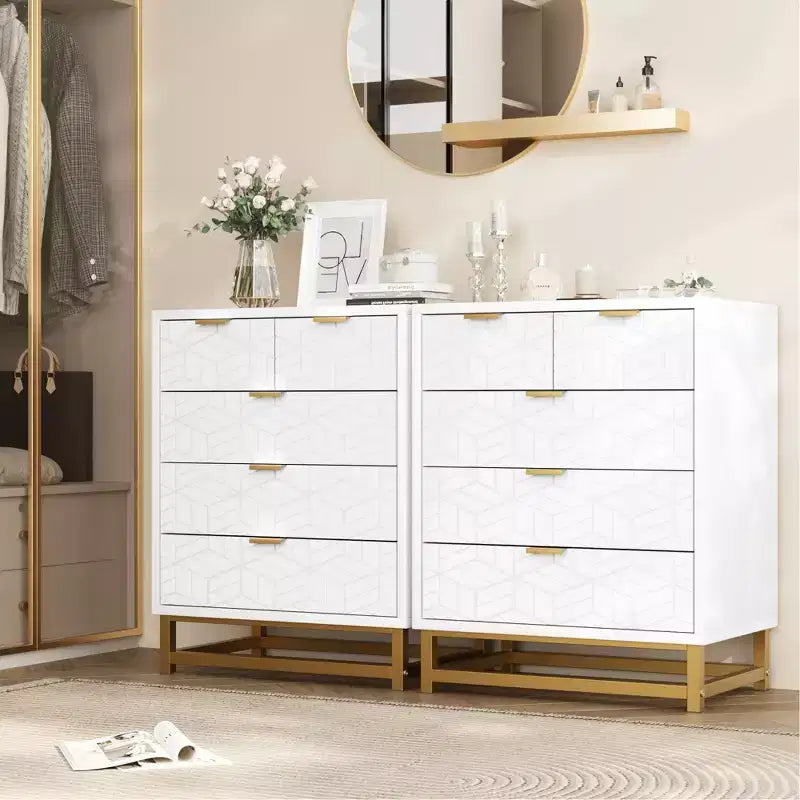 Drawer Dresser, Modern Wooden Bedroom Chest of Drawers With Storage Drawers, Farmhouse Style TV Stand for Living Room, Bedroom, Hallway, White