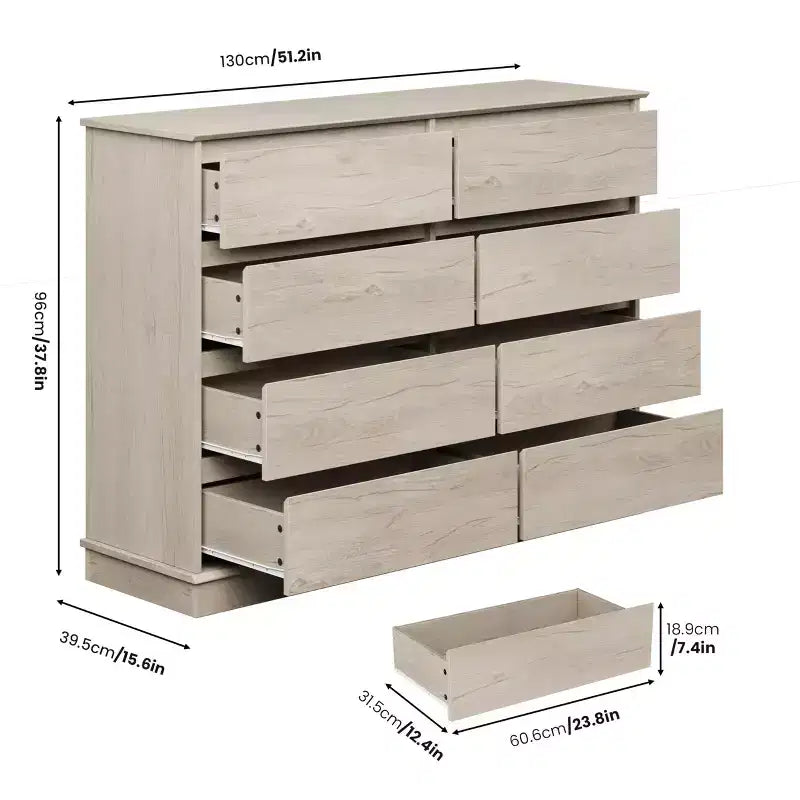 Modern Dresser for Bedroom with 8 Drawers, Wooden Storage Organizer Unit for ClosetWide Chest of Drawers