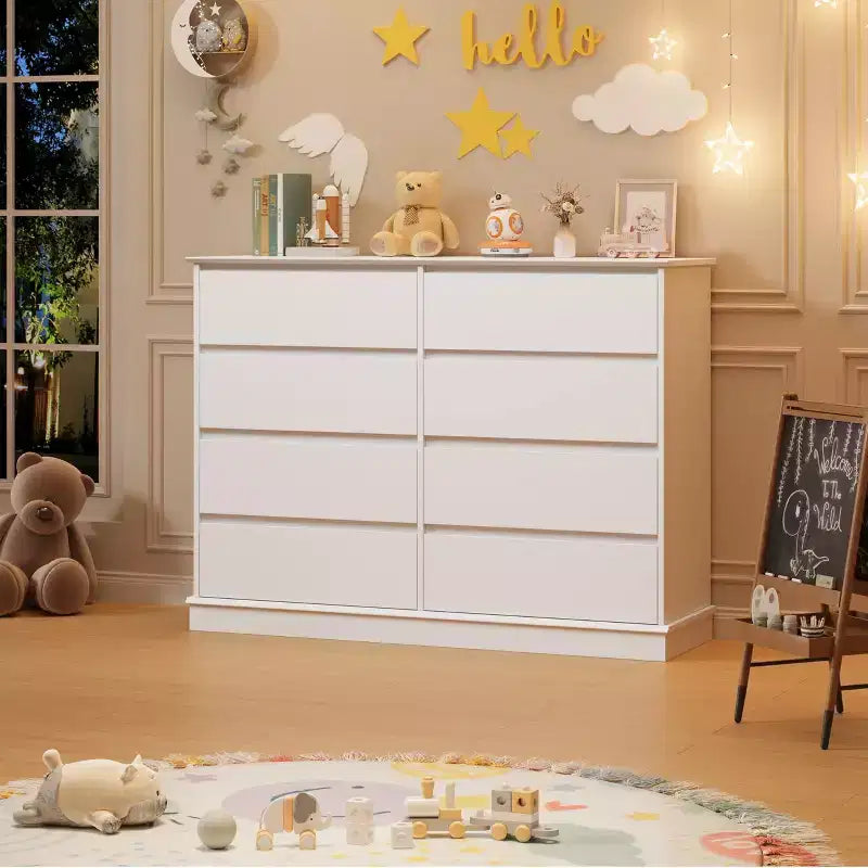 Modern Dresser for Bedroom with 8 Drawers, Wooden Storage Organizer Unit for ClosetWide Chest of Drawers