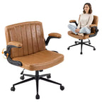 VINGLI Criss Cross Chair with Adjustable Flip-Up Arms,Cross Legged Chair with Wheels, Extra Wide Office Chair,PU Leather,Clay