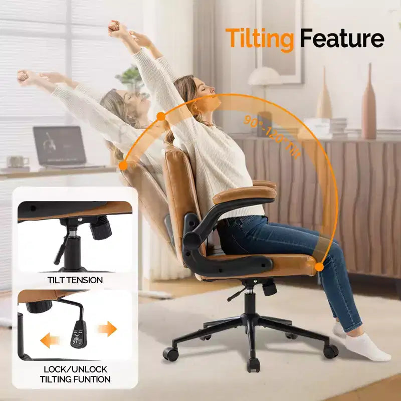 Criss Cross Chair with Adjustable Flip-Up Arms,Cross Legged Chair with Wheels, Extra Wide Office Chair,PU Leather,Clay