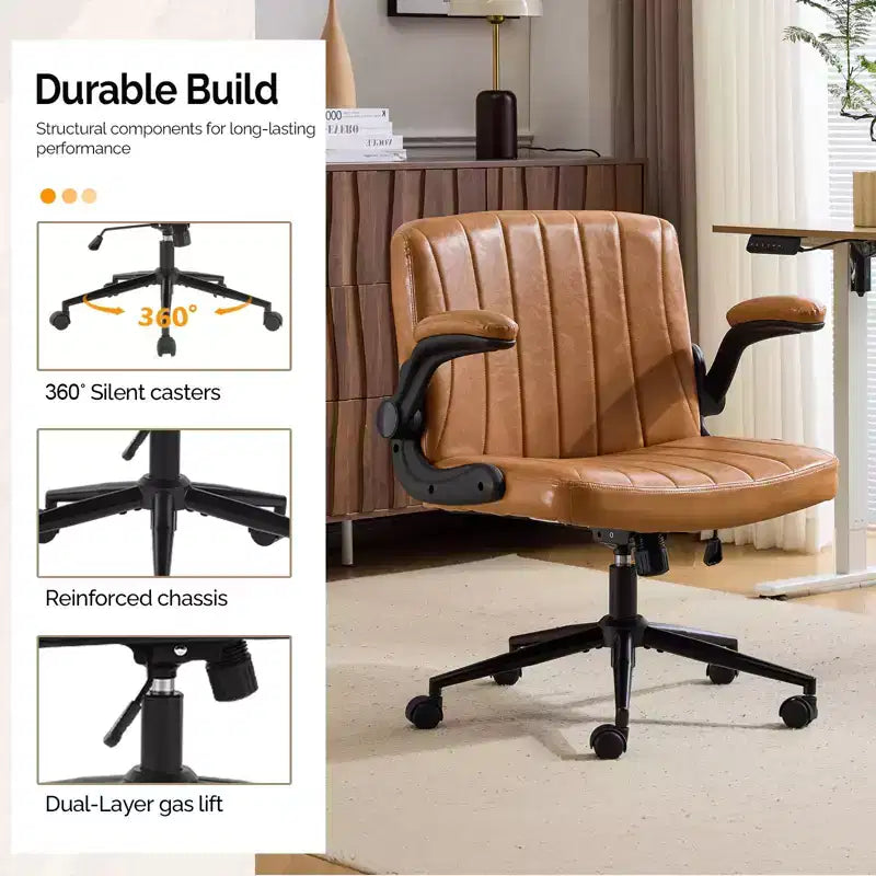 Criss Cross Chair with Adjustable Flip-Up Arms,Cross Legged Chair with Wheels, Extra Wide Office Chair,PU Leather,Clay