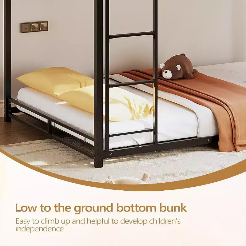Metal Bunk Bed Full Over Full, Twin Size Bed Frame for Boys Girls, Junior, Low Profile Bunk, Space Saving Design, Mattress Not Included (Black)