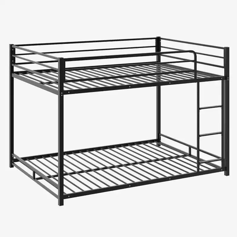 Metal Bunk Bed Full Over Full, Twin Size Bed Frame for Boys Girls, Junior, Low Profile Bunk, Space Saving Design, Mattress Not Included (Black)
