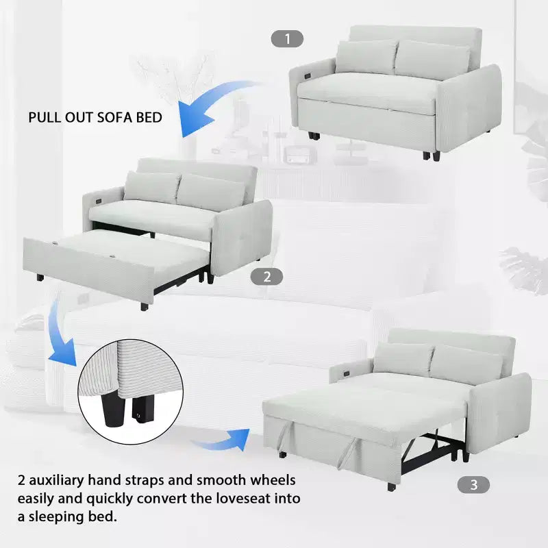 Multi-Angle Reclining Soft Corduroy Sofa Bed,3-Position Adjustable Backrest with USB Ports