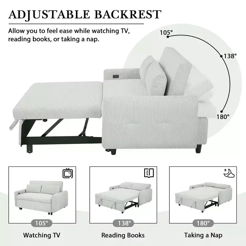 Multi-Angle Reclining Soft Corduroy Sofa Bed,3-Position Adjustable Backrest with USB Ports