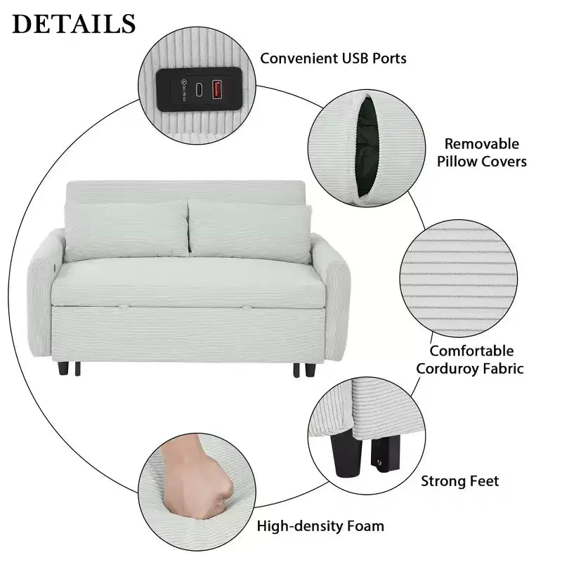 Multi-Angle Reclining Soft Corduroy Sofa Bed,3-Position Adjustable Backrest with USB Ports