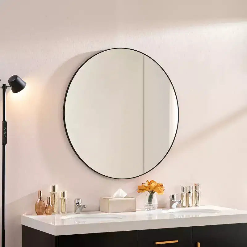 Modern Round Mirror with Narrow Aluminum Frame, Wall Mount Bathroom Mirror, Vanity Mirror for Bathroom, Living Room, Black