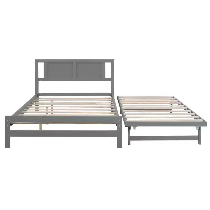 Full Size Platform Bed with Twin Size Adjustable Trundle, Wooden Full Bed Frame with Headboard for Bedromm