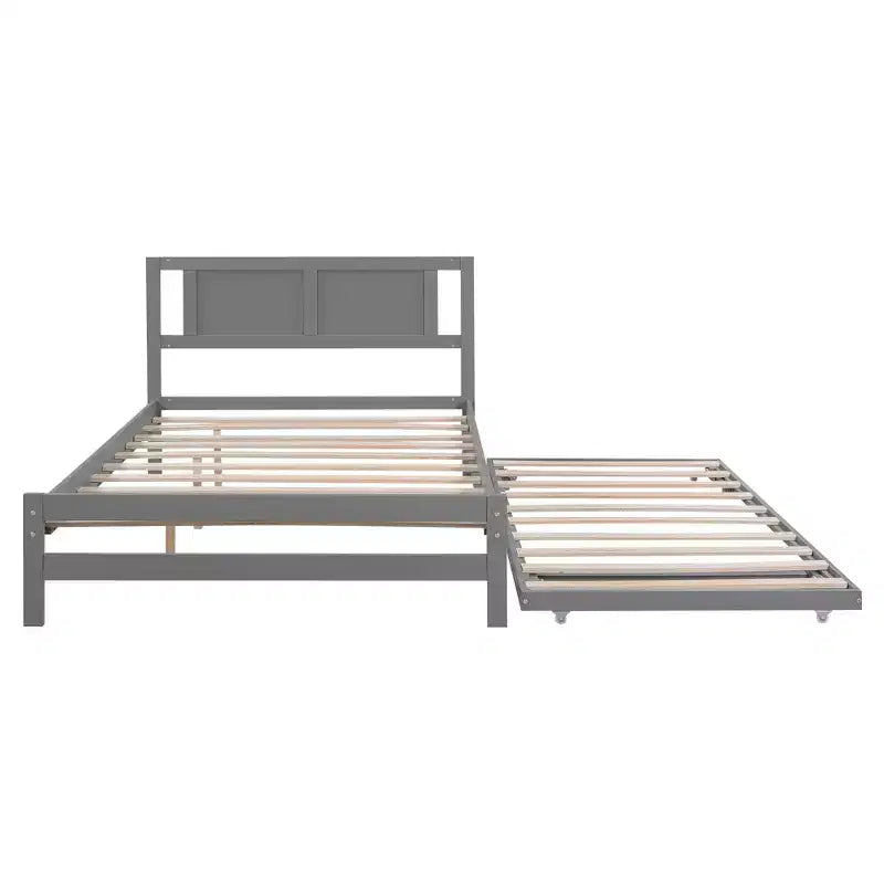 Full Size Platform Bed with Twin Size Adjustable Trundle, Wooden Full Bed Frame with Headboard for Bedromm