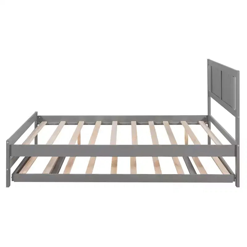 Full Size Platform Bed with Twin Size Adjustable Trundle, Wooden Full Bed Frame with Headboard for Bedromm