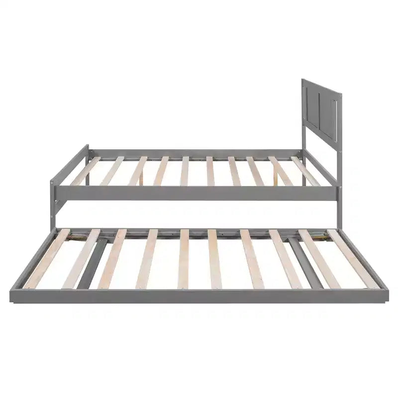 Full Size Platform Bed with Twin Size Adjustable Trundle, Wooden Full Bed Frame with Headboard for Bedromm