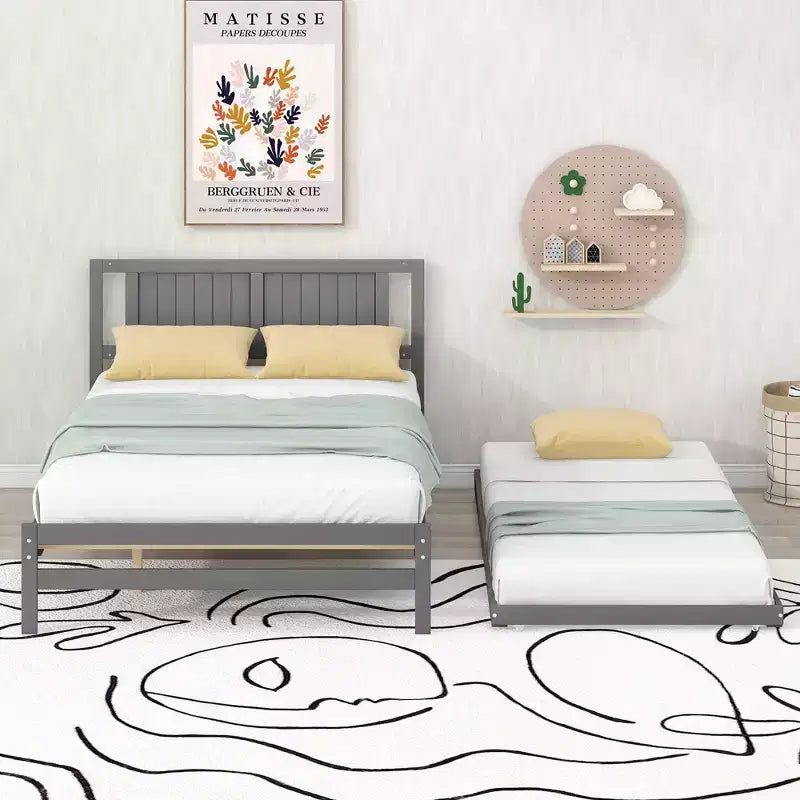 Full Size Platform Bed with Twin Size Adjustable Trundle, Wooden Full Bed Frame with Headboard for Bedromm