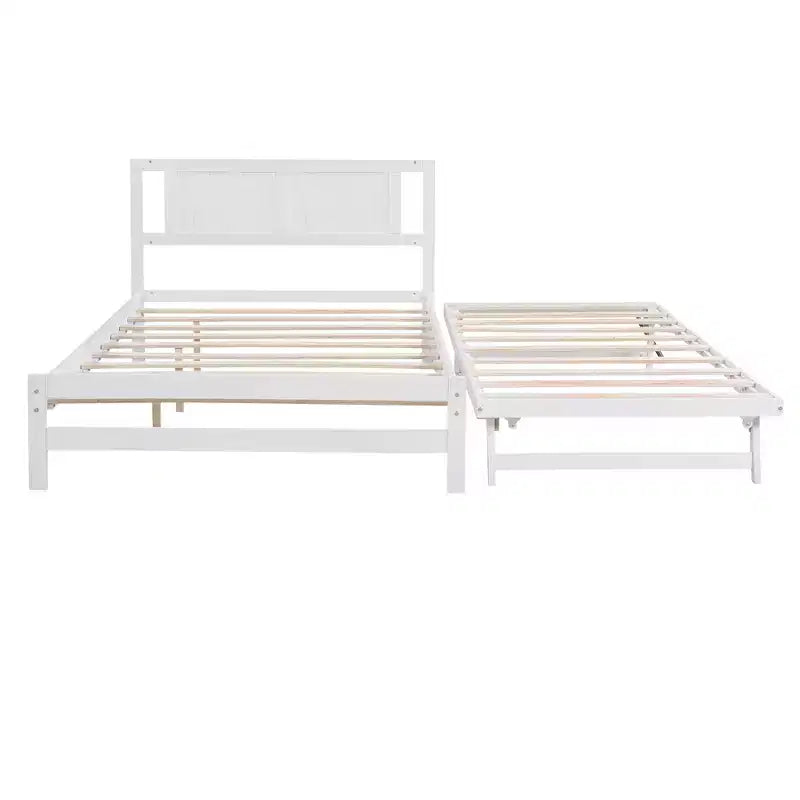 Full Size Platform Bed with Twin Size Adjustable Trundle, Wooden Full Bed Frame with Headboard for Bedromm