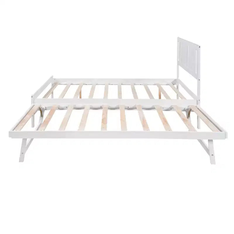 Full Size Platform Bed with Twin Size Adjustable Trundle, Wooden Full Bed Frame with Headboard for Bedromm